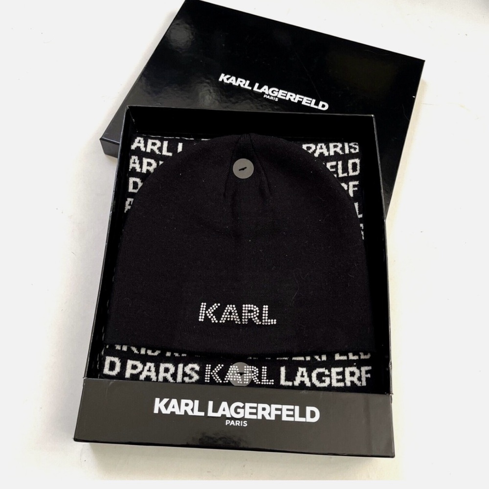 New 2pc Karl Lagerfeld Paris Box Set Reversible Scarf + Beanie Hat Rhinestone